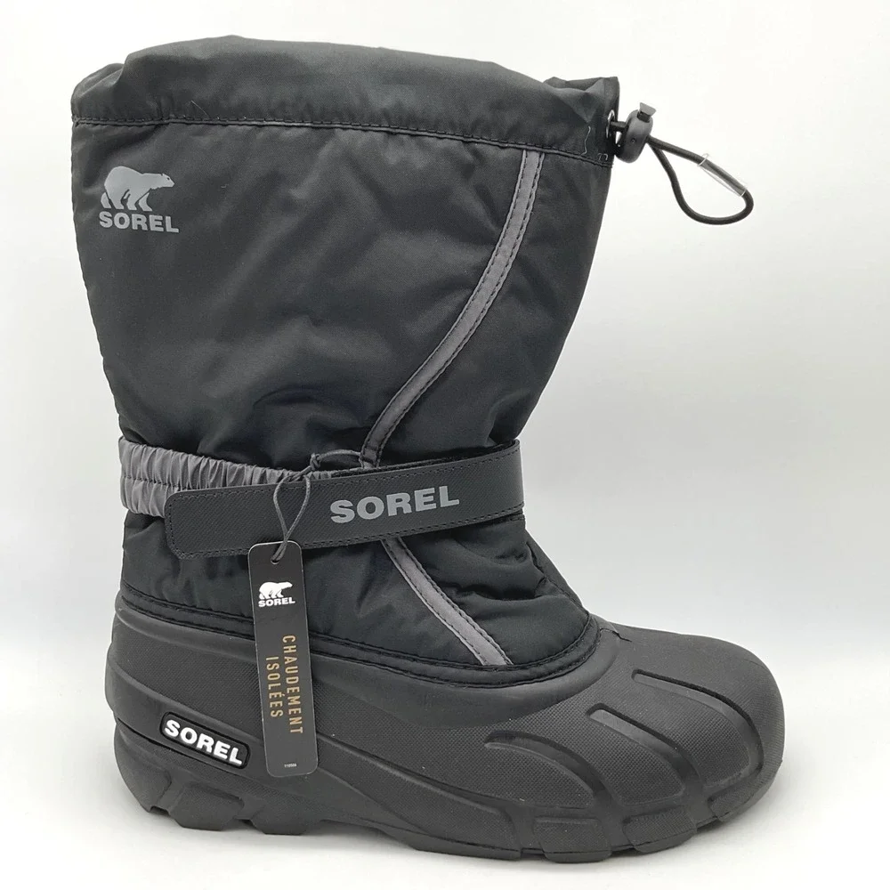 Sorel Youth Flurry Black City Grey Insulated Winter Snow Boots NY5192-016 Size 6
